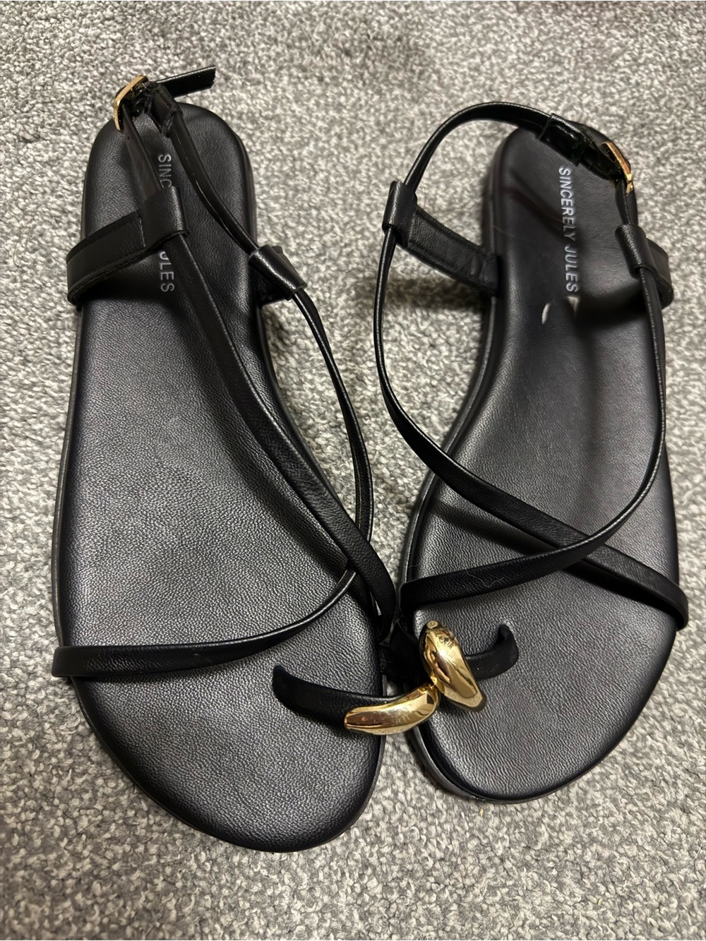 Sincerly Jules Black Strappy Sandals with Gold Accent Hardware